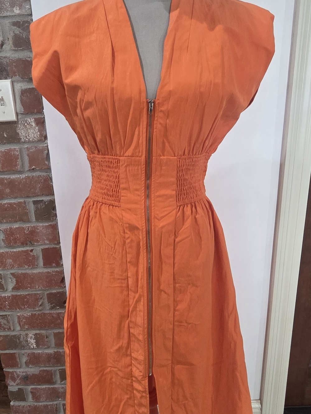 glam Vibrant Orange Zip-Front Midi Dress with Smocked Waist